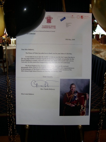 Enlargement of the letter and photo from Prince Charles congratulating us on our 40th Reunion by Linda Mathews (Brodie)