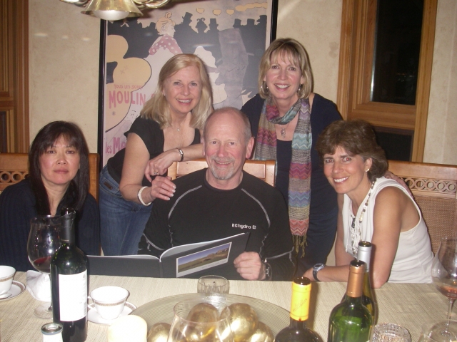 (from front left) Allison & Bruce Miller, Lynn Cheyne, (back row) Linda Mathews (Brodie), Donna Lysell (Heaslip) having dinner at Lindas house in Whistler