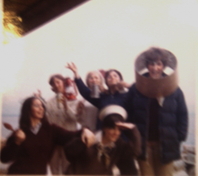 Girls grad sleepover at Alix Frosts place in Pt. Roberts - from left: Donna Heaslip, Jennifer Perchall, Jennifer Campbell, Alix Frost, Cathy MacDonald, Pat Ollis (photo of a colored polaroid, first introduced in 1963)