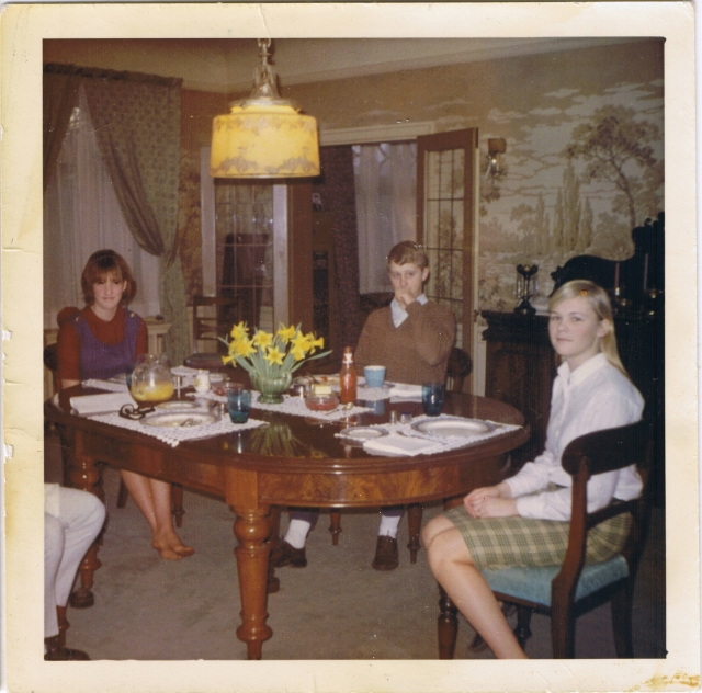 Co-ed breakfast 1966 Cathy MacDonald (Mustafa), Craig Thomson and Jennifer Campbell (MacPherson)at Cathys house.