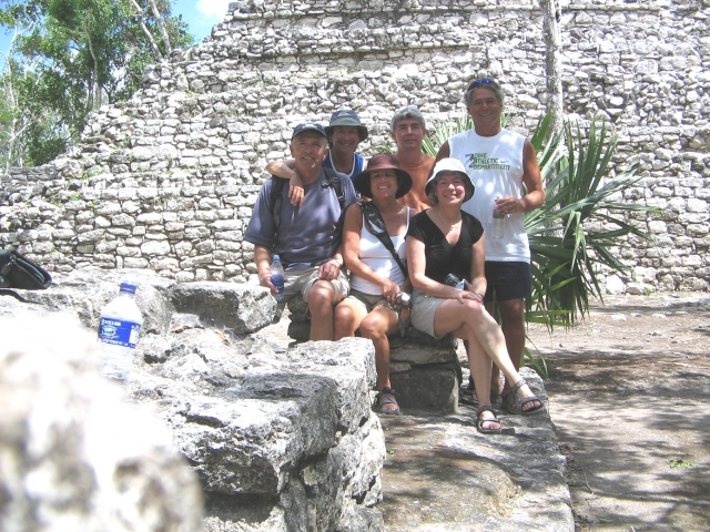 (Left to Right) Ken Bool, Jennifer Perchall, Pat (Ollis) Costello, Byron Alke, Carol (Drasching) Alke, Earl Costello at the Mayan ruins in Coba Mexico, 2006.